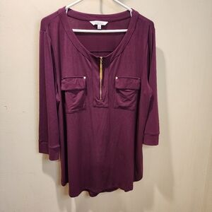 Ellen Tracy Burgunfy  V-Neck Top with Zipper Detail Size XL